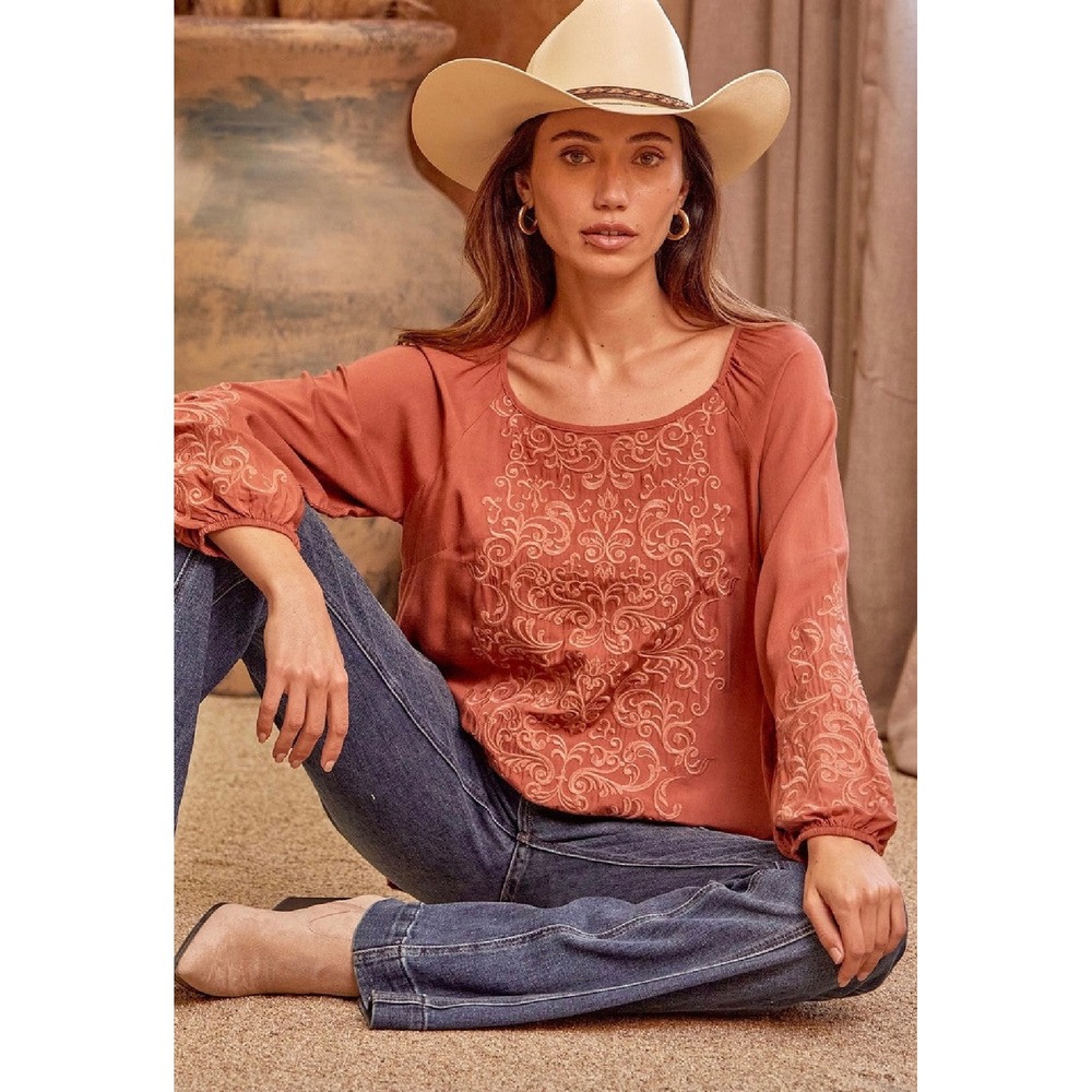 Savanna Jane Embroidered Peasant Blouse Women's Medium New Rust  Long‎ Sleeve